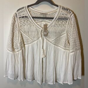 Ariat White Crochet Blouse/Cover Up NWT! XL. Open front w/ tassel tie
